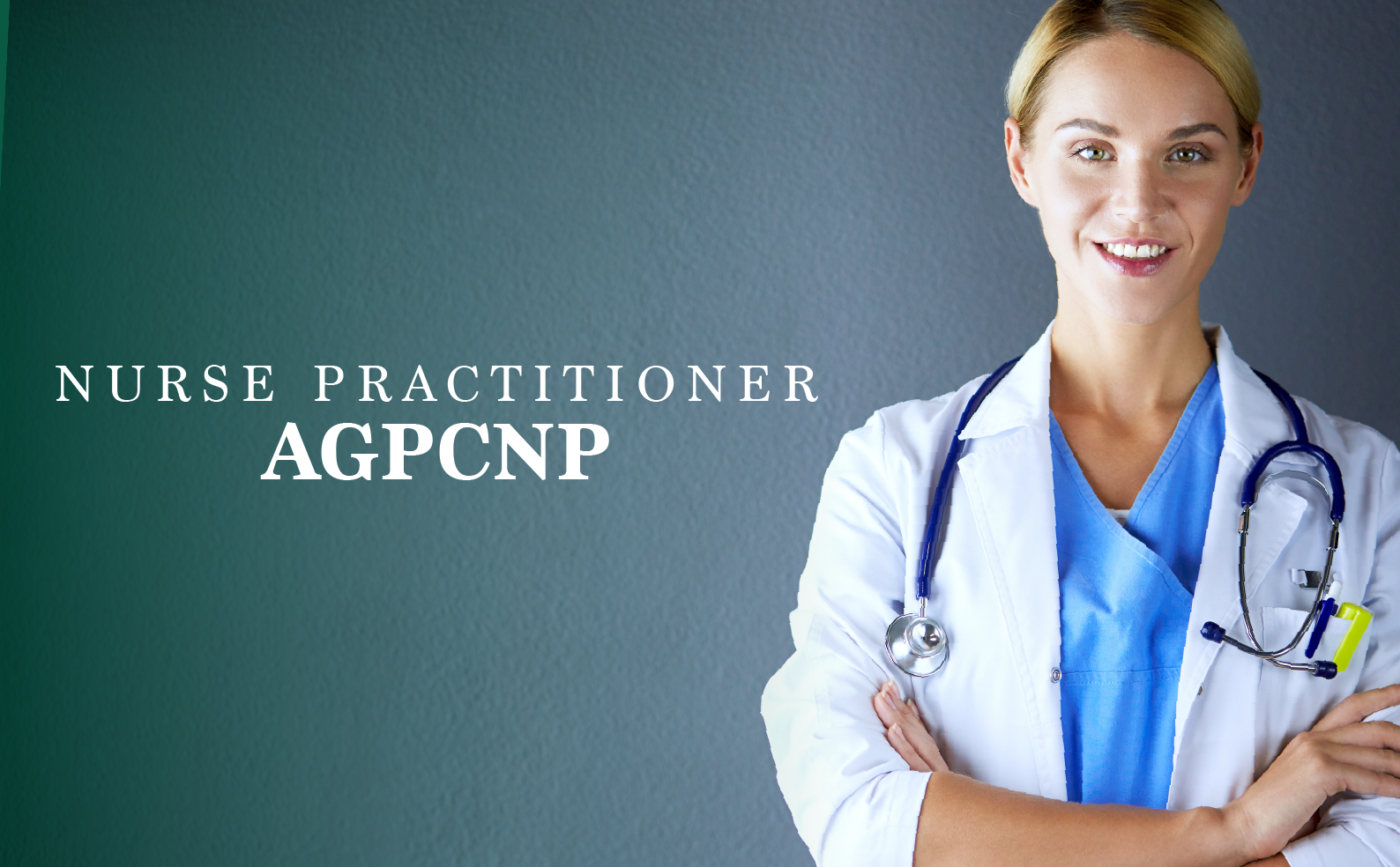 Smiling nurse practitioner wearing medical uniform and stethoscope