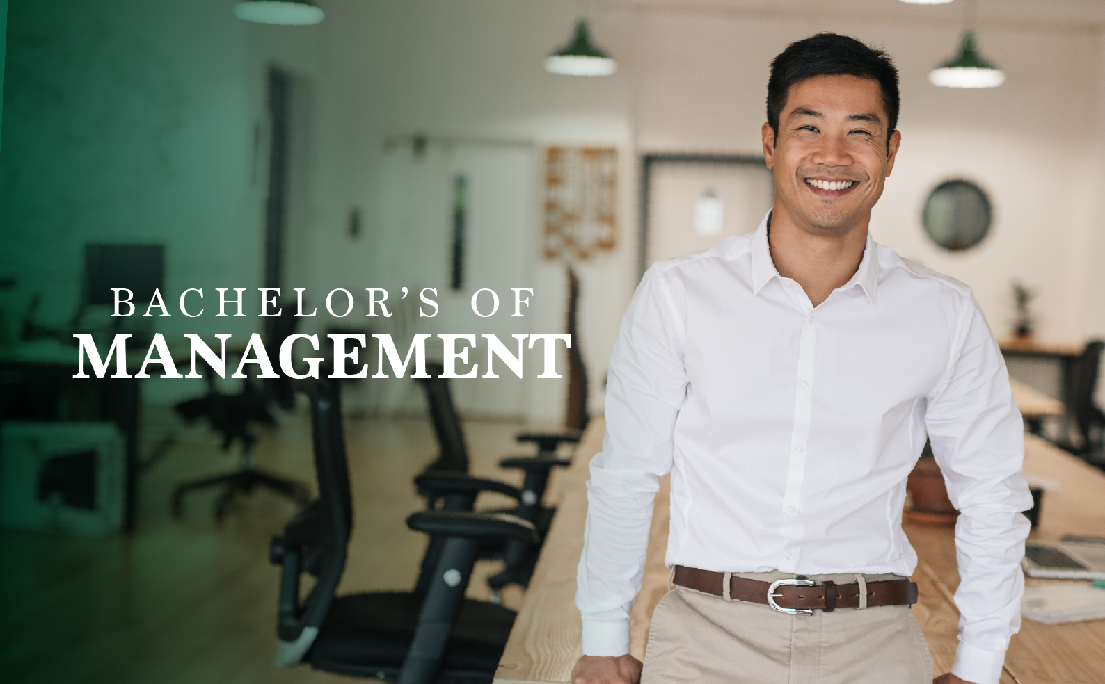 Smiling professional in office promoting management degree