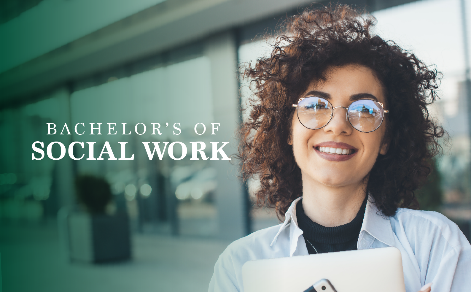 Smiling student promoting social work degree program